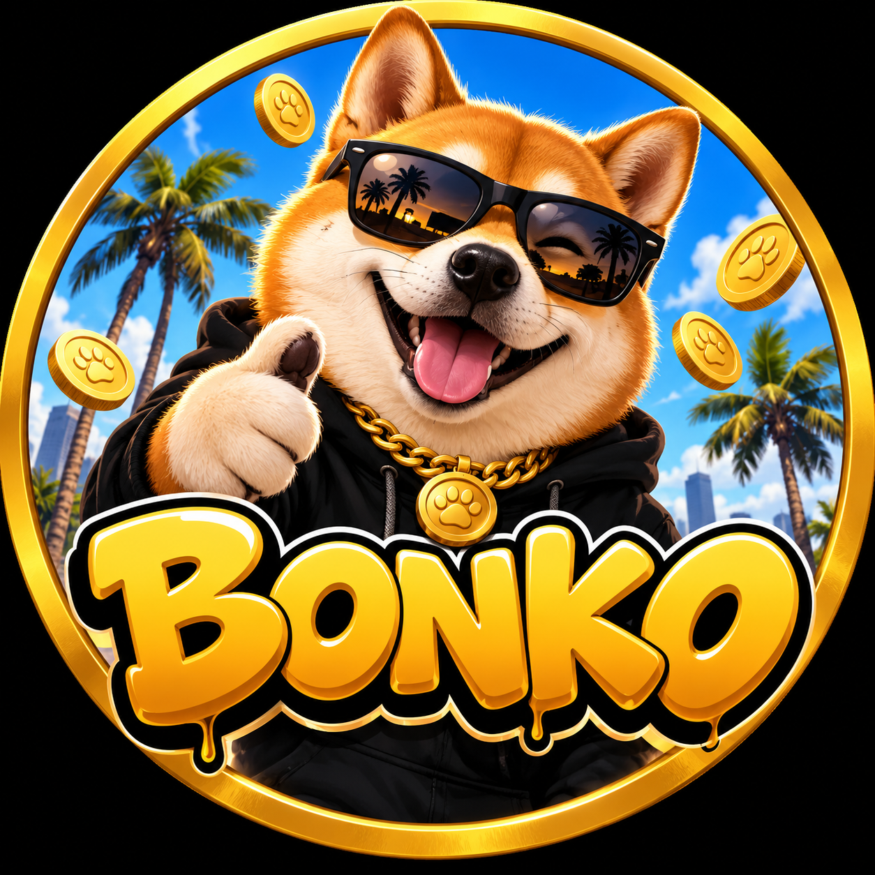 BONKO dog wearing sunglasses and a gold paw necklace